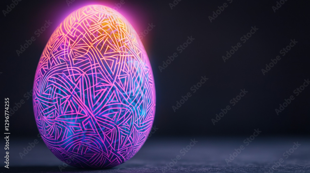 A vibrant, abstract egg design with colorful patterns, illuminated against a dark background, creating a captivating visual effect. A vibrant, abstract egg design with colorful patterns, illuminated against a dark background, creating a captivating visual effect.