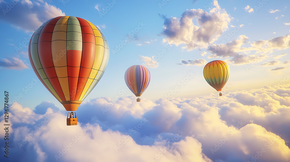 Naklejka premium Three hot air balloons are flying in the sky, with one of them being yellow