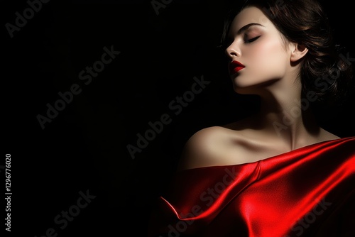 A portrait of a woman in a luxurious silk gown, soft waves cascading over her shoulders, exuding refined beauty