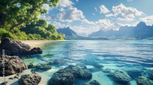 Fototapeta Naklejka Na Ścianę i Meble -  A hyper realistic tropical coastal landscape with turquoise waters and lush green vegetation