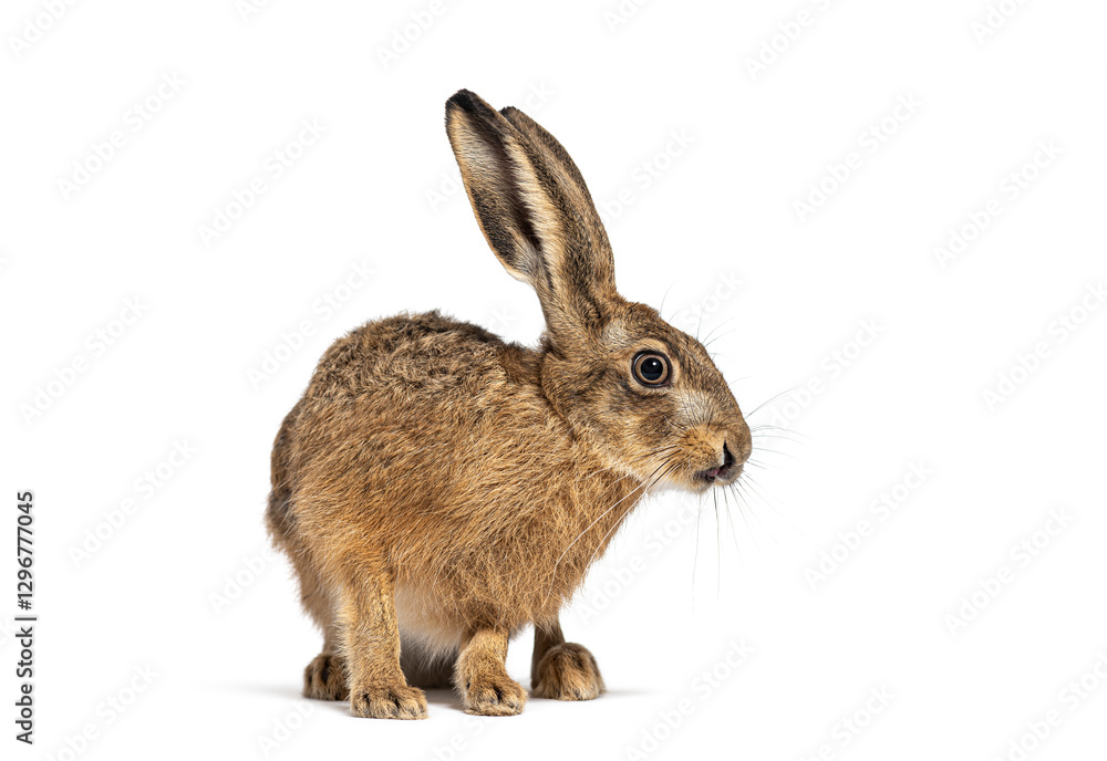 Fototapeta premium European hare, lepus europaeus, also known as the brown hare, squatting and looking to the right
