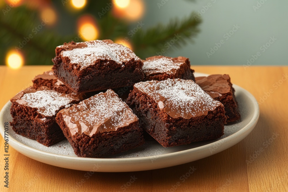 Decadent chocolate brownies dusted with powdered sugar on cozy p Decadent chocolate brownies dusted with powdered sugar on cozy p