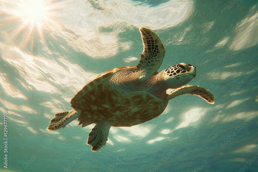 Obraz premium Majestic turtle gliding through crystal-clear waters, sunlight i