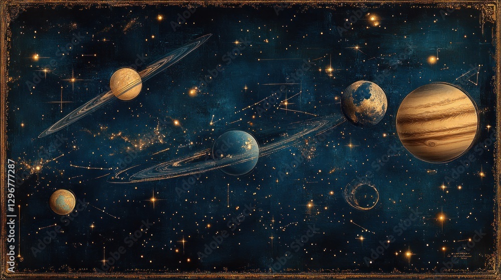 Fototapeta premium Celestial Chart Planets, Stars, Cosmos, Antique Frame, Astrology Print