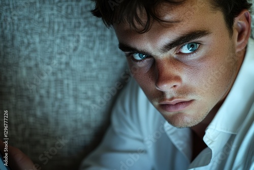 A young man with intense blue eyes gazes directly at the camera, conveying a serious and brooding mood. photo