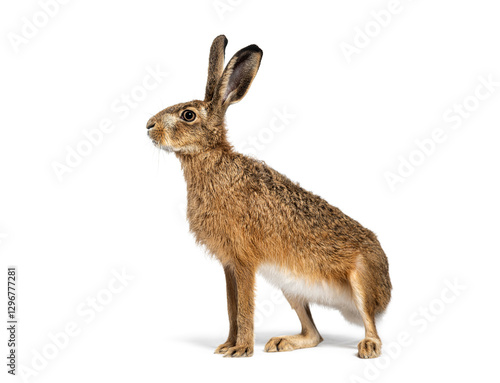 Side view of a European hare or brown hare, lepus europaeus, sitting and looking away on white background