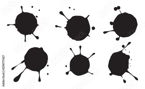 Ink drops and splashes. Blotter spots, liquid paint drip drop splash and ink splatter. Artistic dirty grunge abstract spot vector set. Illustration monochrome drip splash, splat messy inkblots