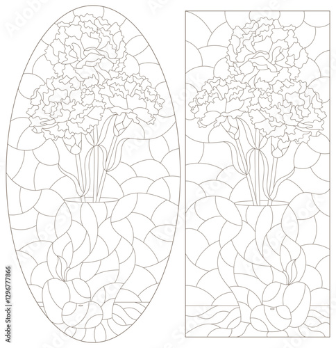 A set of contour illustrations in the style of stained glass with bouquets of carnations, dark outlines on a white background