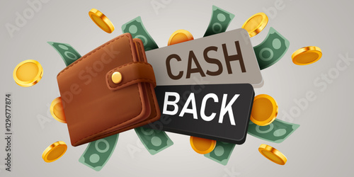 Cashback label with coins, banknotes and wallet. Cashback or money back label.