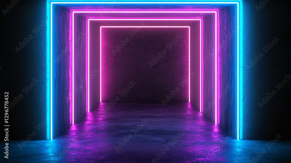 Neon Tunnel: A vibrant tunnel glows with neon lights in shades of blue and pink, casting a futuristic and atmospheric ambiance. The rectangular shapes create a sense of depth and an inviting pathway. Neon Tunnel: A vibrant tunnel glows with neon lights in shades of blue and pink, casting a futuristic and atmospheric ambiance. The rectangular shapes create a sense of depth and an inviting pathway.