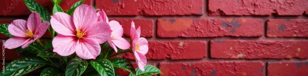 Fragrant flowers on pinkish leaves against red brick wall, flowers, flowering plant, variegated Fragrant flowers on pinkish leaves against red brick wall, flowers, flowering plant, variegated