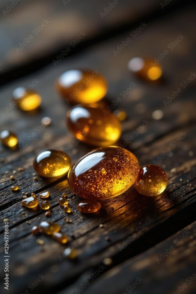 Fragrant resin droplets on dark wood background, woods, aromatic Fragrant resin droplets on dark wood background, woods, aromatic
