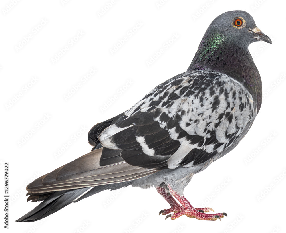 Fototapeta premium Full body profile of a feral pigeon standing, isolated on transparent background