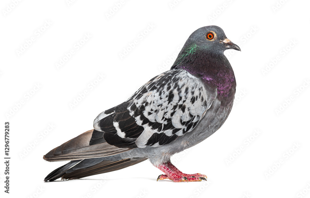 Fototapeta premium Side view of a feral pigeon, isoated on white