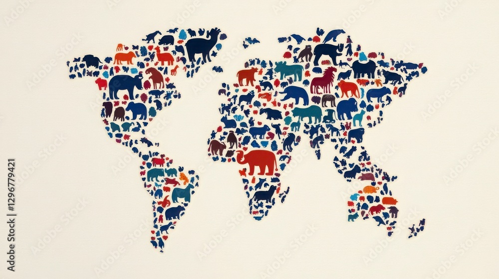 Obraz premium Colorful Animal Silhouettes Fill World Map Design for Education Material