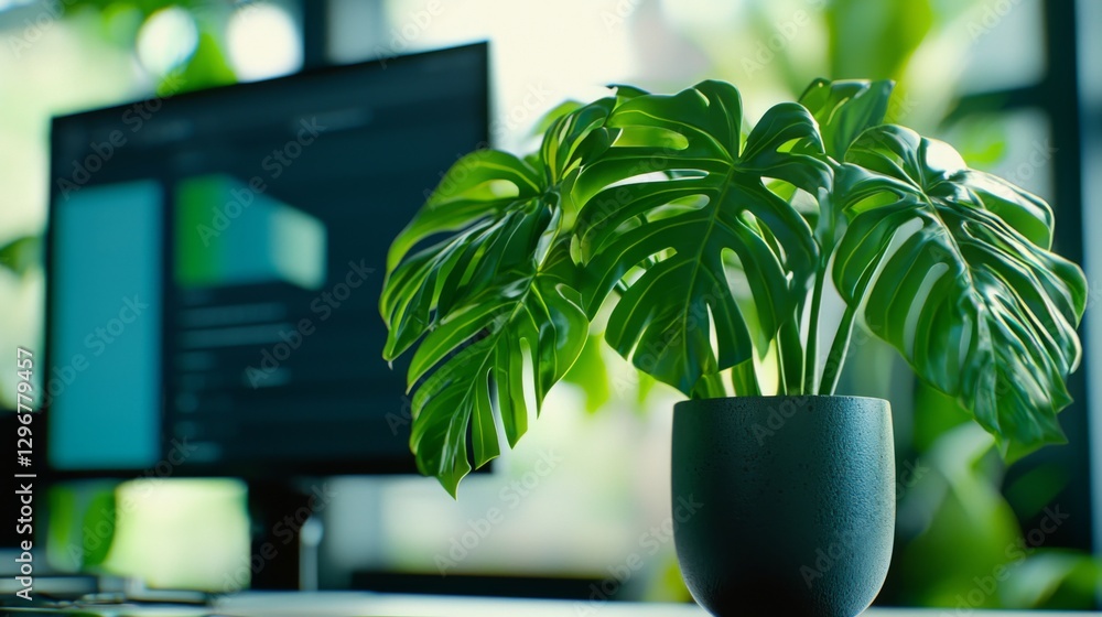 Lush Green Monstera Plant in Modern Office Workspace with Screen in Background for Fresh Natural Aesthetic Lush Green Monstera Plant in Modern Office Workspace with Screen in Background for Fresh Natural Aesthetic