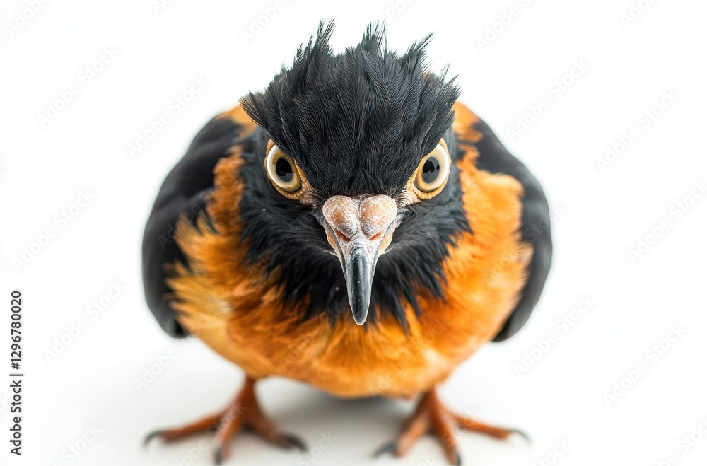 Fototapeta premium Detailed Close-Up of a Striking Orange and Black Bird Perched Against a White Background Showcasing Unique Features and Expressive Eyes