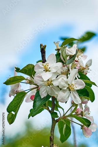 Flowering of the apple tree. Spring background of blooming flowers. White and pink flowers. Beautiful nature scene with a flowering tree. Spring flowers. Beautiful garden. Abstract blurred background