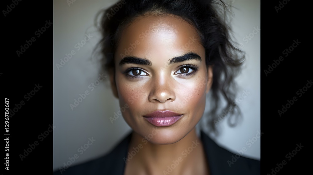 Naklejka premium Young African American woman with natural curly hair in elegant portrait, featuring glowing skin, professional makeup and confident expression against neutral background.