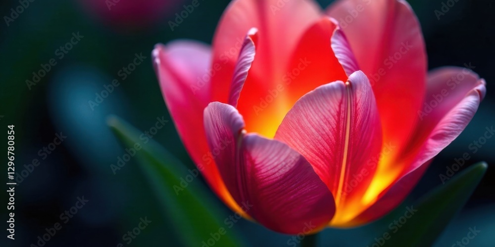 Fototapeta premium A vibrant, close-up view of a single tulip blossom, showcasing the intricate details of its petals and the warm glow emanating from its heart