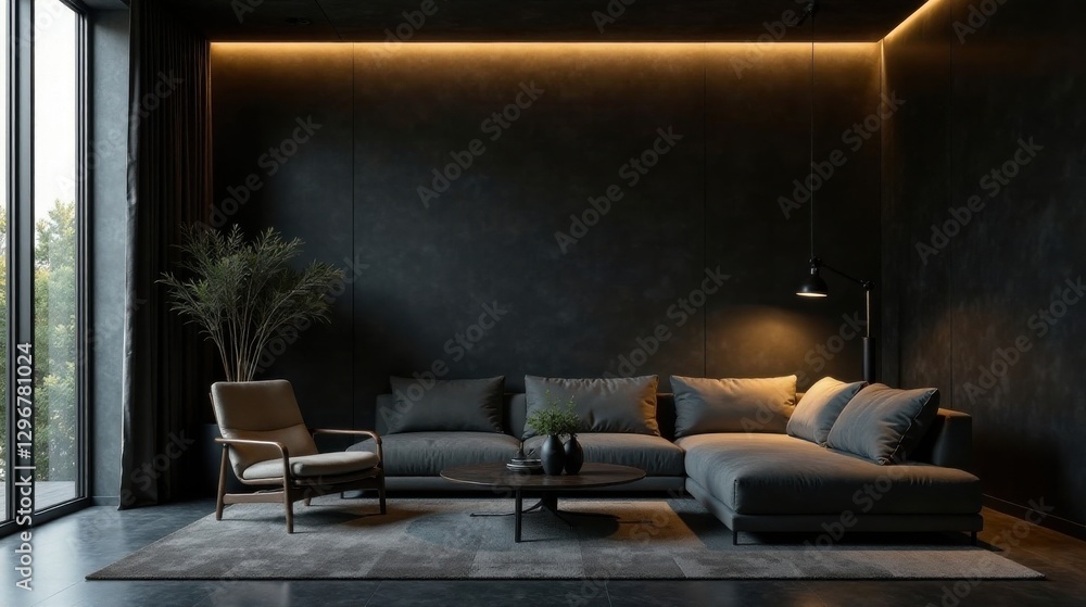 Fototapeta premium Dark Interior Design Modern Sectional Sofa and Armchair in a Room with Warm Lighting and Large Window