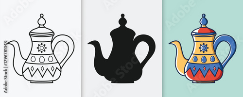 Arabic tea pot kettle outline and silhouette icon set with isolated flat vector illustration for eid celebration