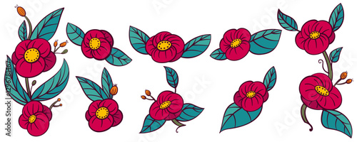 Camellia flowers vector set. Camellia flower collection for spring isolated in white background. Vector illustration.