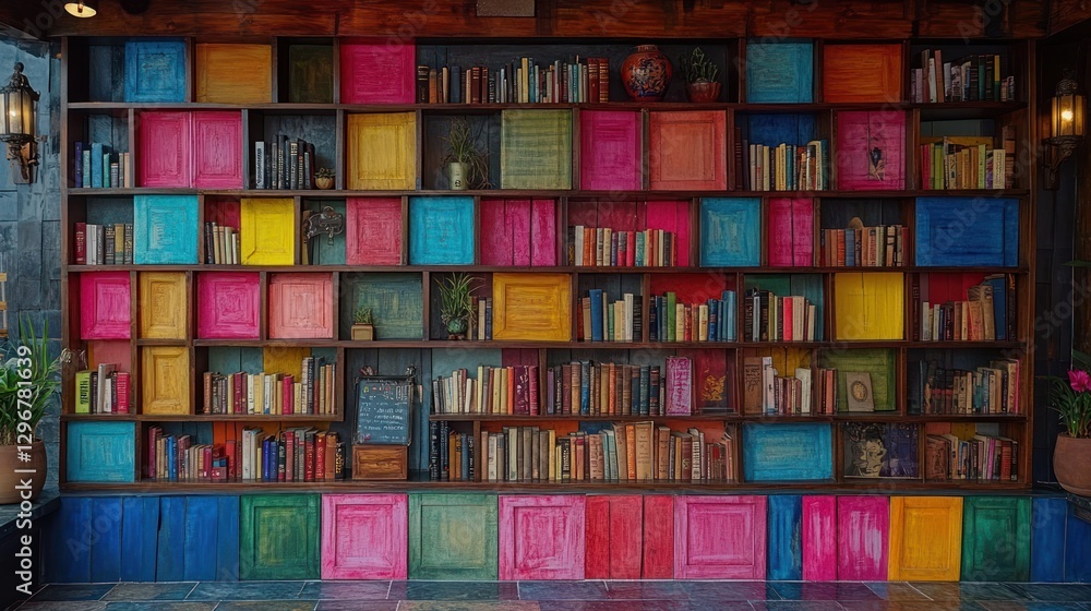 Colorful bookshelf with books and vibrant painted panels. Colorful bookshelf with books and vibrant painted panels.
