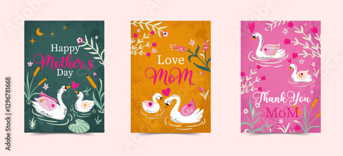 Mother and Baby Swan Mother's Dar Vector Card Set