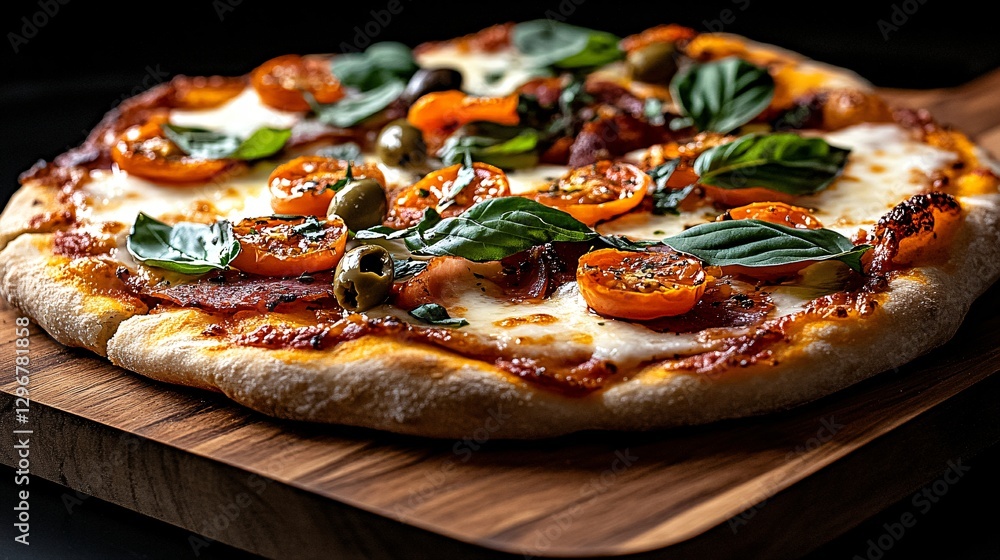 Delicious Margherita Pizza with Cherry Tomatoes, Olives, and Fresh Basil on Rustic Wooden Board Delicious Margherita Pizza with Cherry Tomatoes, Olives, and Fresh Basil on Rustic Wooden Board