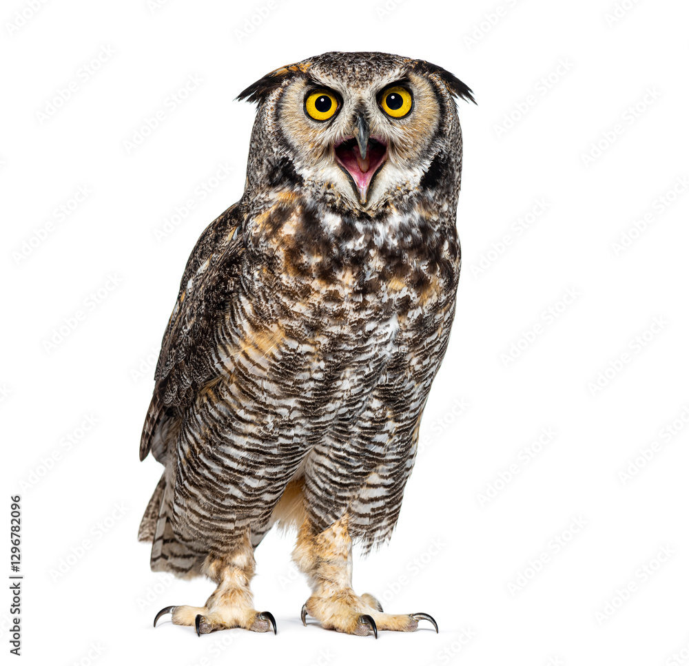 Fototapeta premium Expressive and looking angry bird, beak wide open, isolated on white