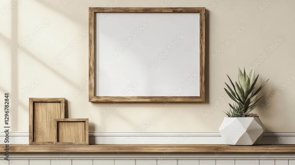 Photorealistic Image of Wooden Frames and Succulent on Shelf