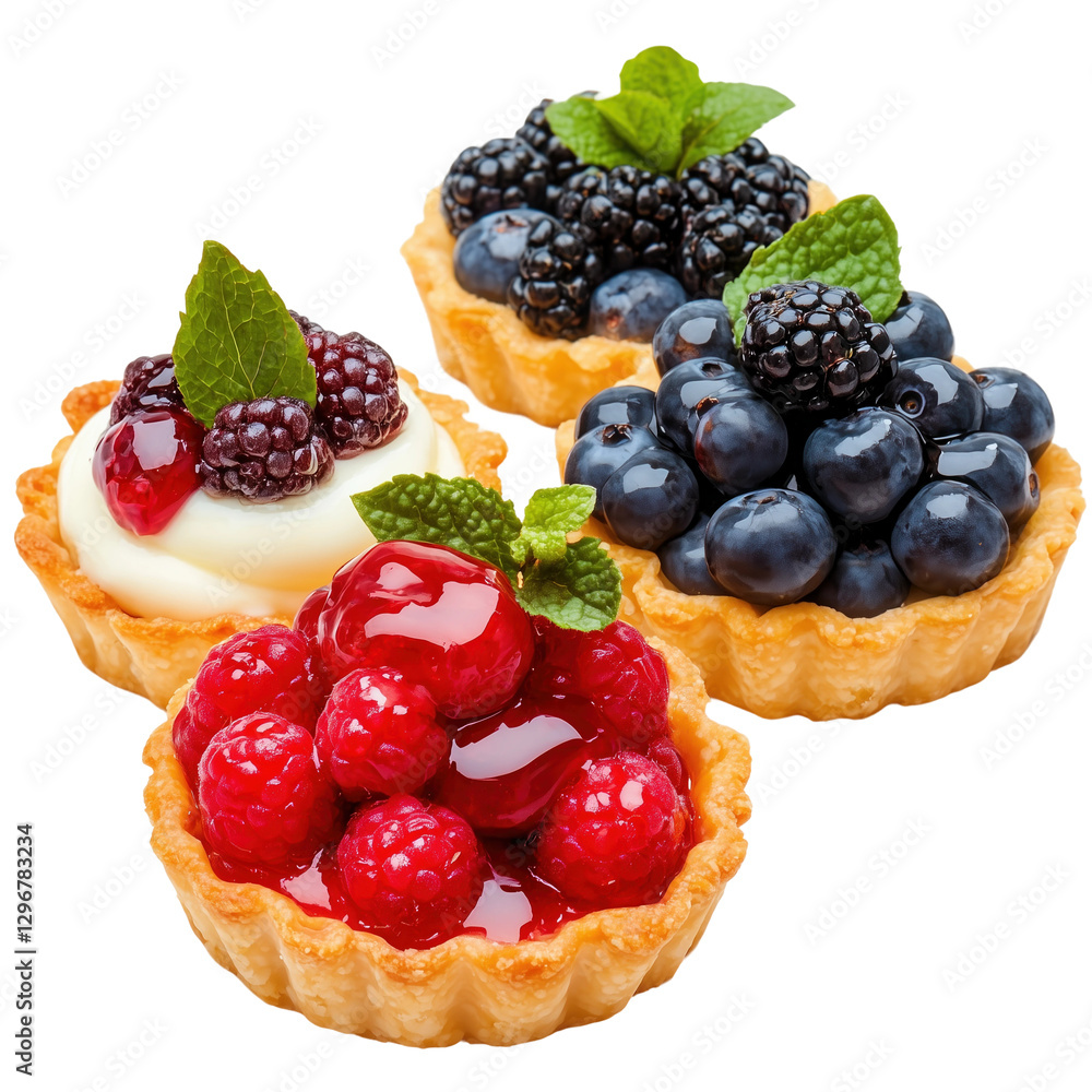 Delicious Berry Tartlets with Fresh Mint Leaves isolated on white or transparent background, png clipart, design element Delicious Berry Tartlets with Fresh Mint Leaves isolated on white or transparent background, png clipart, design element
