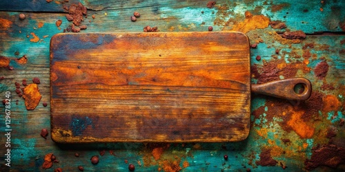 Rustic Wooden Cutting Board on Rusty Metal Surface - Aerial View Stock Photo