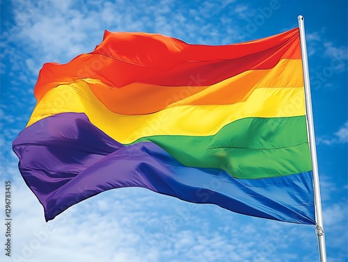Rainbow flag waving outdoors, blue sky