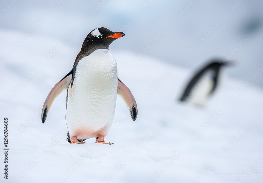 Fototapeta premium Elegant Gentoo Penguin Standing Proudly on Icy Landscape with Another Penguin Blurred in Background, Capturing Antarctic Wildlife Beauty