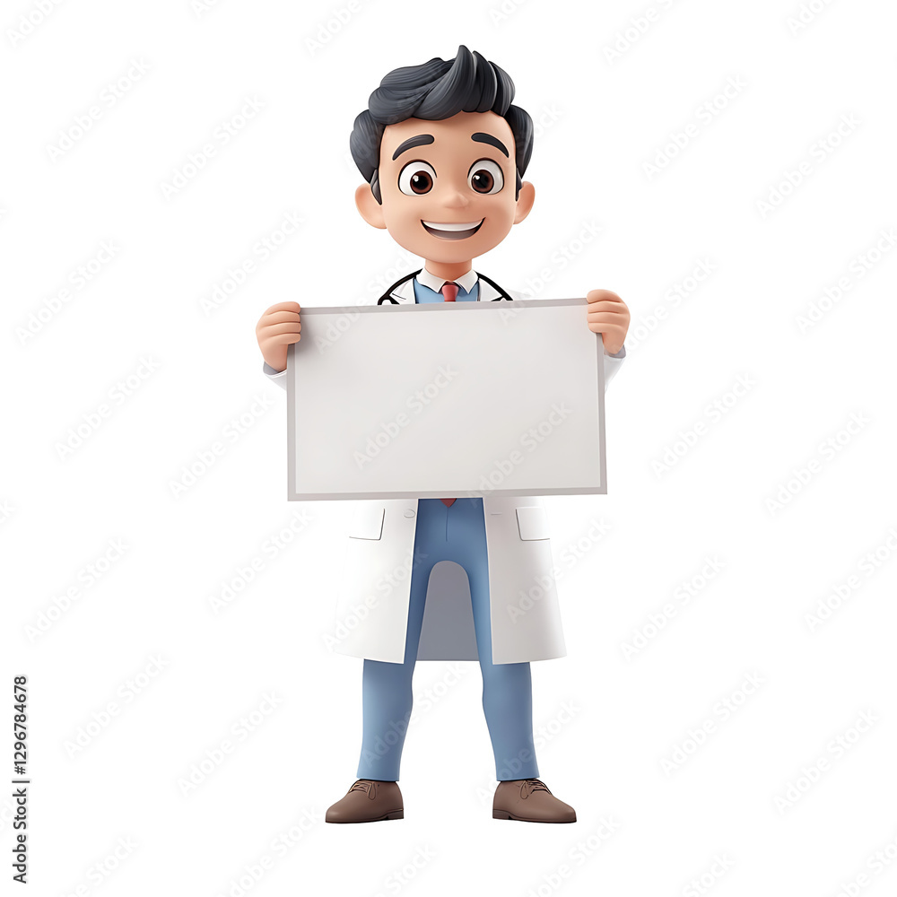 Smiling Doctor Holding Blank Sign: A friendly, cartoon doctor in a white coat with a stethoscope holding up a blank white sign. He has dark hair, brown eyes, and a cheerful smile. Smiling Doctor Holding Blank Sign: A friendly, cartoon doctor in a white coat with a stethoscope holding up a blank white sign. He has dark hair, brown eyes, and a cheerful smile.