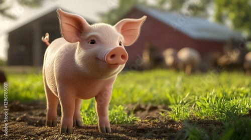 Cheerful piglet standing in lush barnyard field with friendly expression