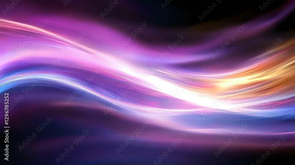 Fototapeta premium Abstract flowing waves of purple, blue and orange light creating dynamic motion effect against dark background, suitable for modern tech designs and presentations.