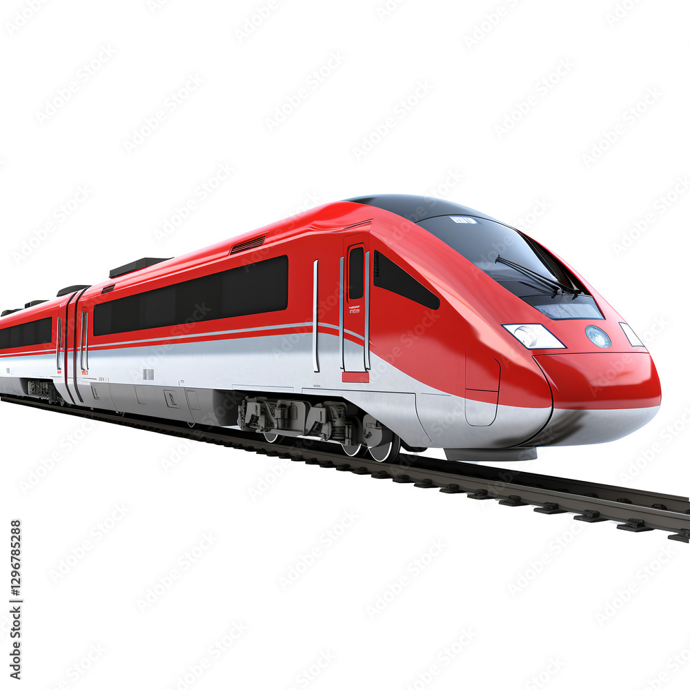 Fototapeta premium Sleek Speed: A vibrant red high-speed train races along the tracks, a symbol of modern transport.