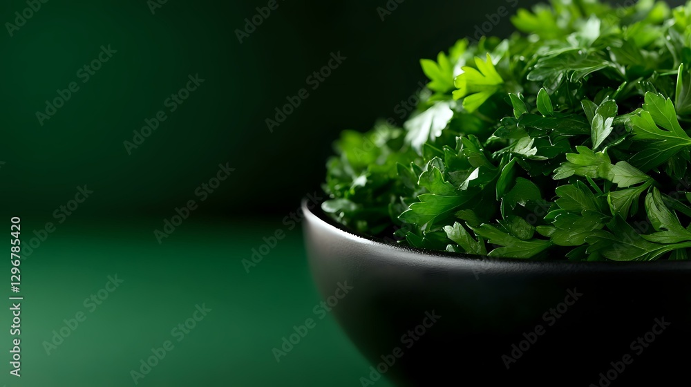 Fresh organic parsley leaves in dark ceramic bowl against green background with copy space, selective focus on aromatic culinary herbs. Fresh organic parsley leaves in dark ceramic bowl against green background with copy space, selective focus on aromatic culinary herbs.