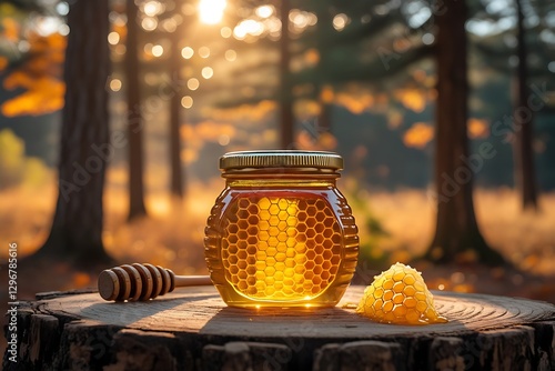 Golden honey jar, sunlit forest backdrop, wooden beehive, autumn colors, warm glow, bokeh effect, rustic wooden surface, natural light, forest clearing, honeycomb texture, glass container, golden hour