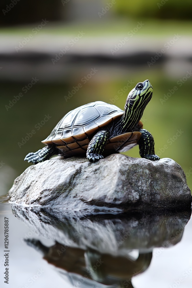 Obraz premium Tranquil Turtle Resting on Rock with Shimmering Water Reflections