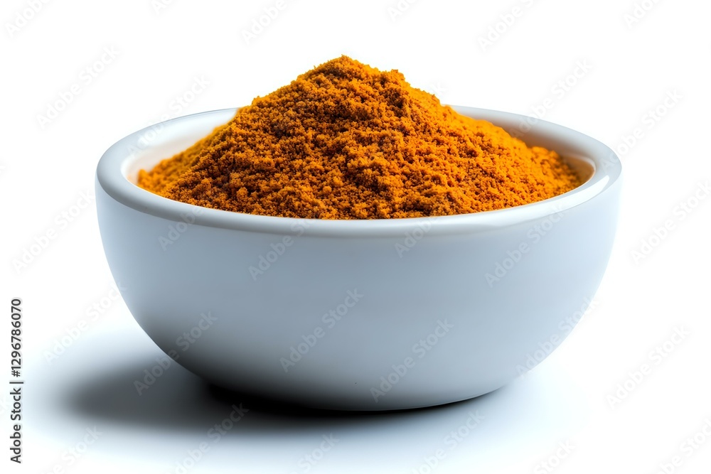 Ground turmeric powder in white ceramic bowl on white background. Bright orange-yellow aromatic spice used in Asian cuisine and natural medicine. Ground turmeric powder in white ceramic bowl on white background. Bright orange-yellow aromatic spice used in Asian cuisine and natural medicine.