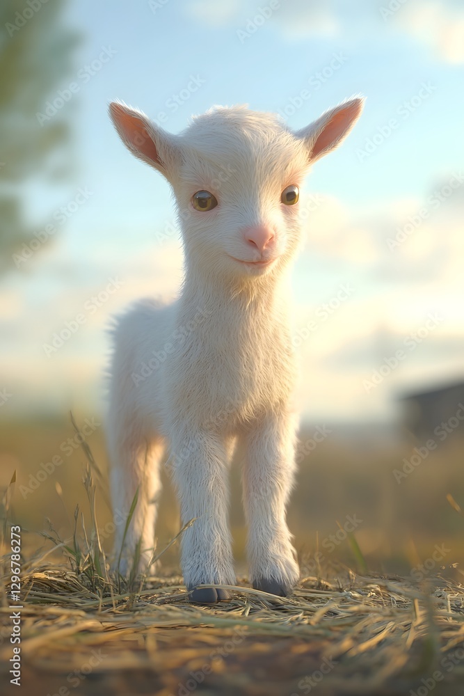 Adorable White Goat Kid Standing in a Pastoral Farm Setting Adorable White Goat Kid Standing in a Pastoral Farm Setting