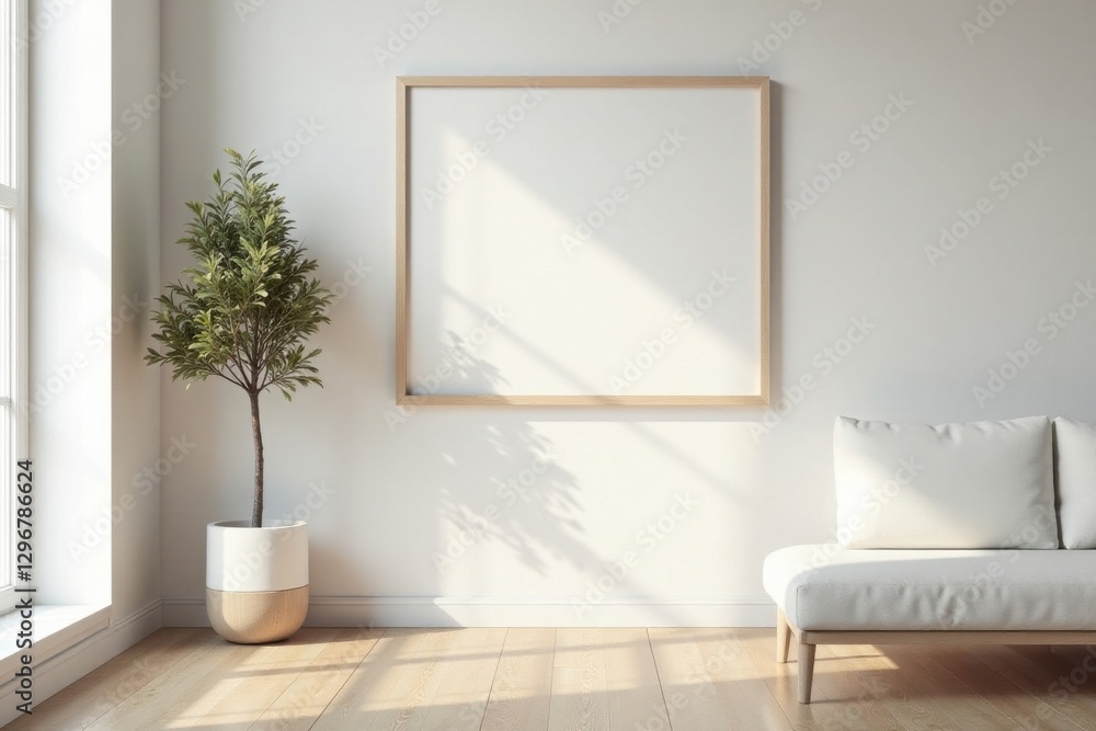 Serene Minimalist Living Room with Sunlight Illuminating a Blank Canvas and a Potted Plant Beside a Comfortable Sofa Serene Minimalist Living Room with Sunlight Illuminating a Blank Canvas and a Potted Plant Beside a Comfortable Sofa