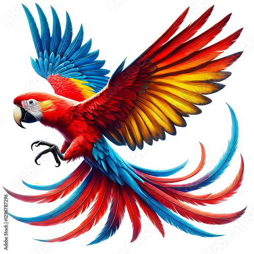 Scarlet macaw bird flying on white background with clipping path