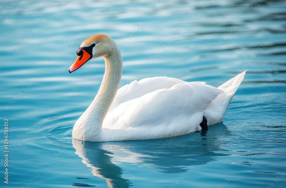 Elegant White Swan Gliding Gracefully on Calm Blue Water Surrounded by Nature in a Serene Outdoor Setting Elegant White Swan Gliding Gracefully on Calm Blue Water Surrounded by Nature in a Serene Outdoor Setting