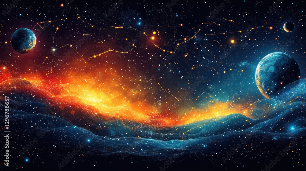 Obraz premium Cosmic Nebula Landscape Planets, Stars, Constellations, Website Banner