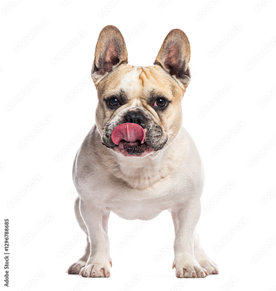 French bulldog licking its nose on white background French bulldog licking its nose on white background